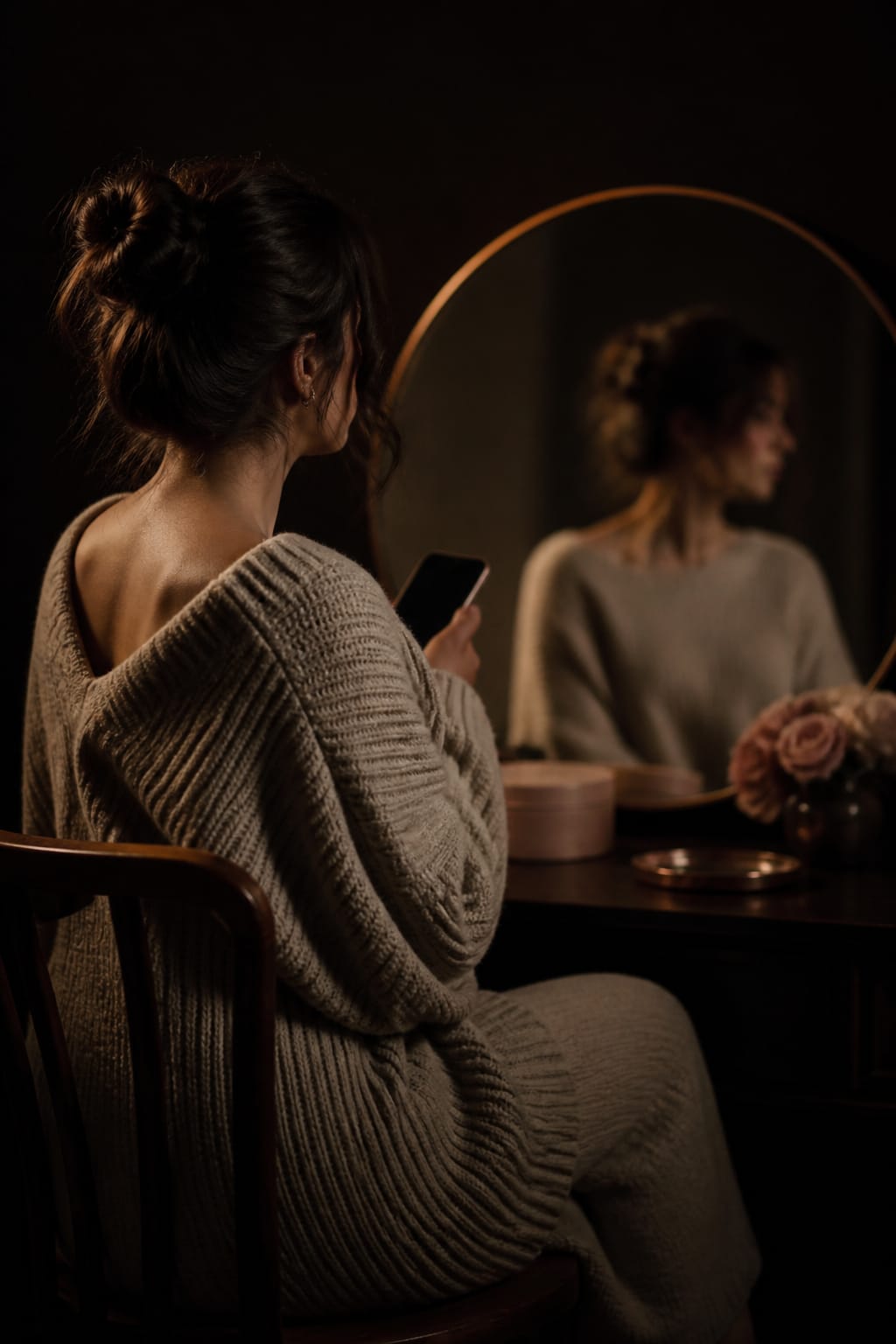 A quiet moment at a dark vanity mirror during an evening routine