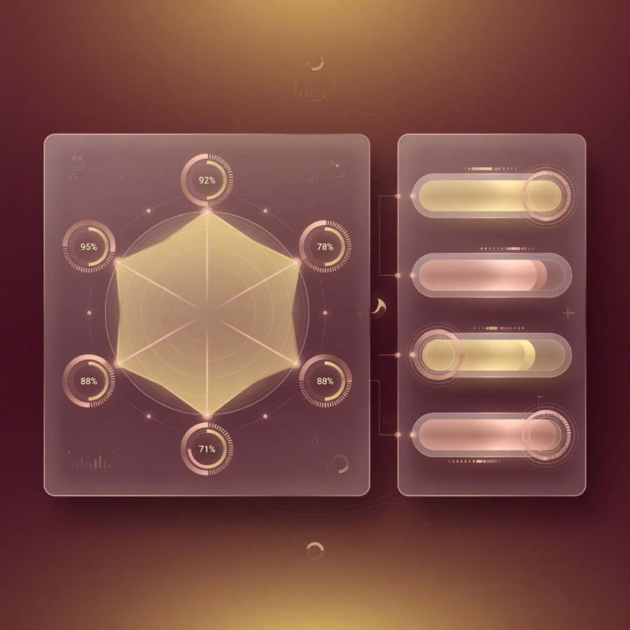 Abstract visualization of multi-factor Glow score rings and dimensional metrics
